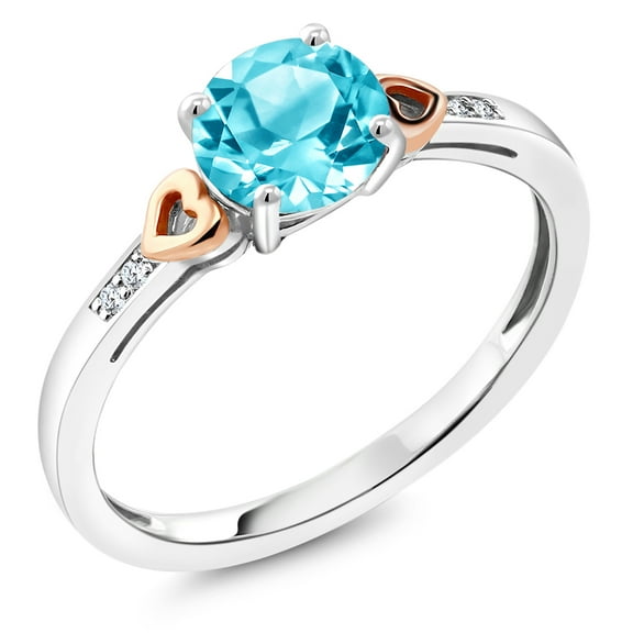 Gem Stone King 925 Sterling Silver and 10K Rose Gold Round Swiss Blue Topaz with Diamond Accent Engagement Ring for Women (1.41 Cttw, Gemstone Birthstone, Size 8)