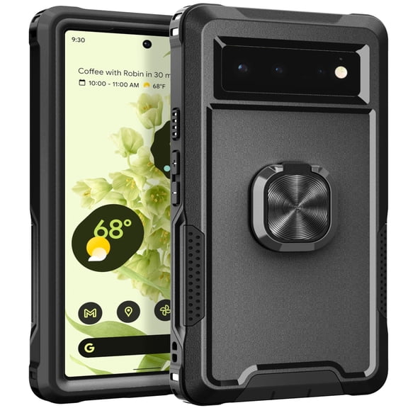 for Google Pixel 6 6.4" 2021 Case, Multi-Layer Anti-Drop Case with Ring Kickstand & Car Mount Shockproof Protective Case for Google Pixel 6 Ladies Women Men, Black