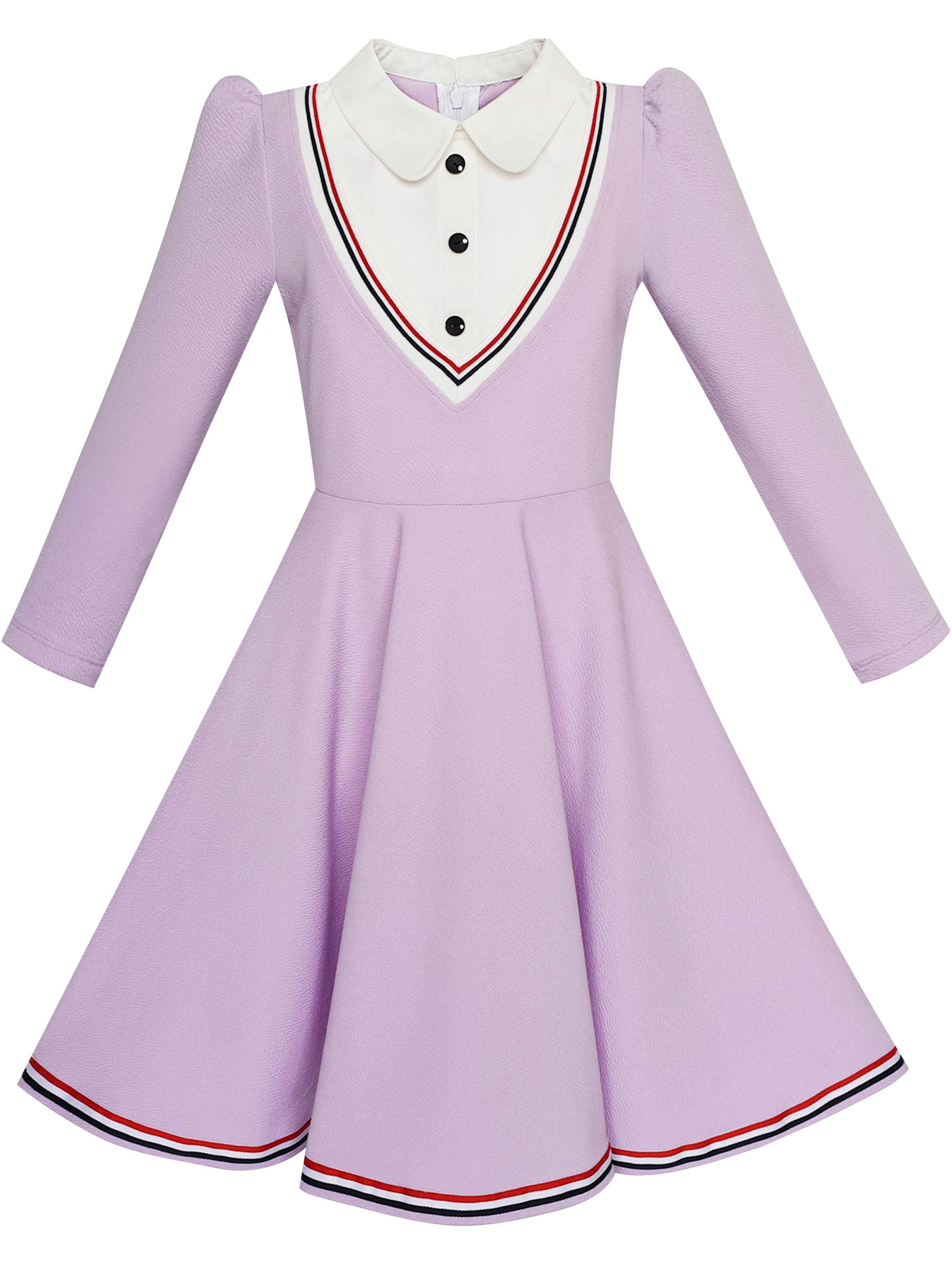Girls Dress School Uniform White Collar Purple Long Sleeve Striped 5 ...