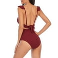 thumbnail image 5 of UTSJKR Women's Ruffle Flounce One Piece Bathing Suit Cutout V Neck Backless Swimwear Tie Front Adjustable Frenum Flounce Bikinis Wine L, 5 of 5