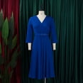 thumbnail image 3 of AURA Plus Size V Neck Pleated Midi Dress High Waist Belted A Line 3 4 Sleeve Elegant Summer Work Dress with Zipper, 3 of 10
