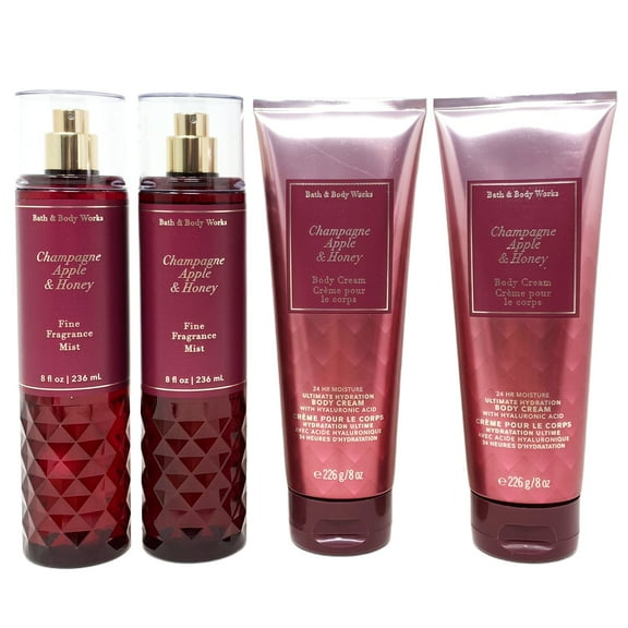 Bath and Body Works Champagne Apple & Honey 4 Piece Set - Includes 2 Fine Fragrance Mists and 2 Ultimate Hydration Body Creams - Full Size