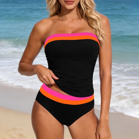 Mifsaly Two Piece Tankini Set Women Detachable Straps Strapless Top With Built In Bra Striped Trim Athletic Swimsuits Pool Beach Party Flattering Bathing Suit M