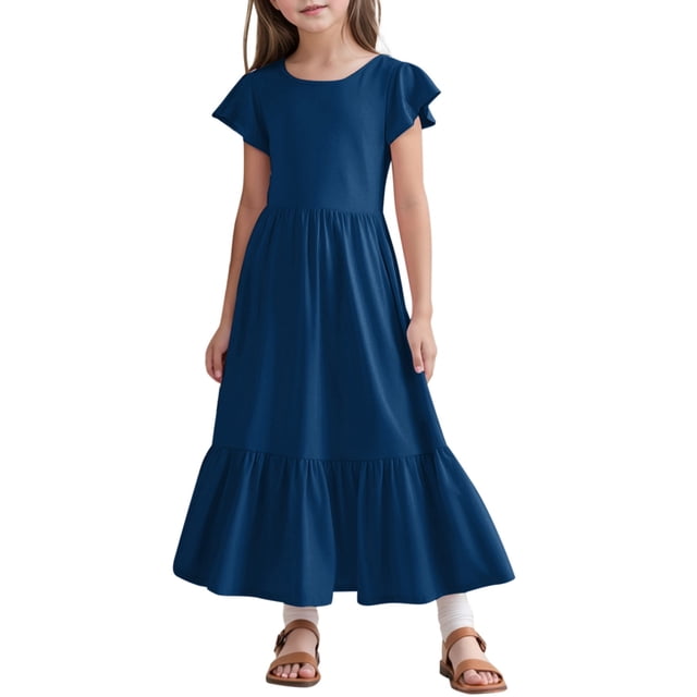 Girls Summer Pleated Short Sleeve Round Neck Loose Casual Flowy Layered Extra Long Dress With Pockets