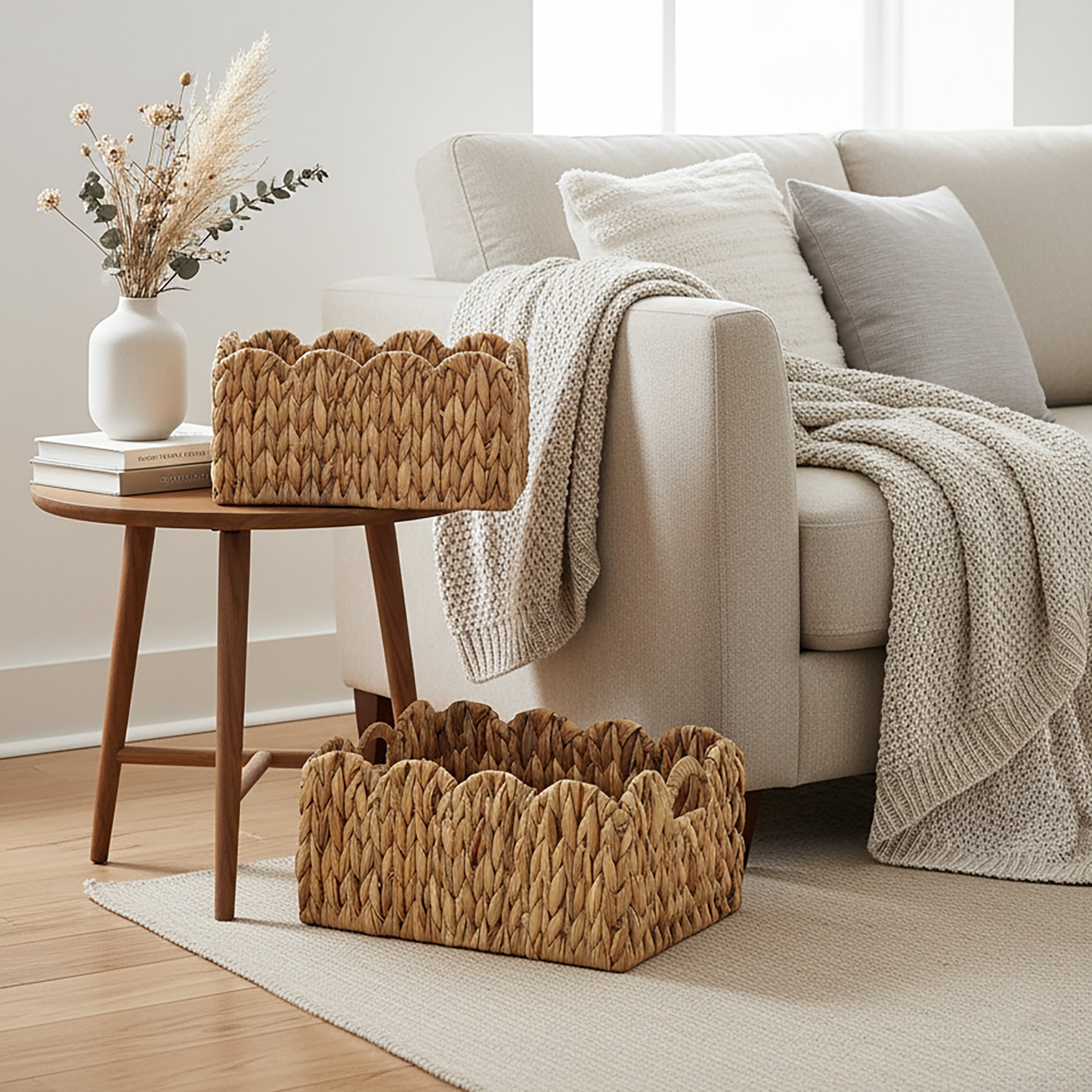 LAQUEDECRAFT Wavy Edges Water Hyacinth Storage Baskets with Handles | Perfect for Towels, Toys & Home Décor in Living Room, Nusery, Bathroom