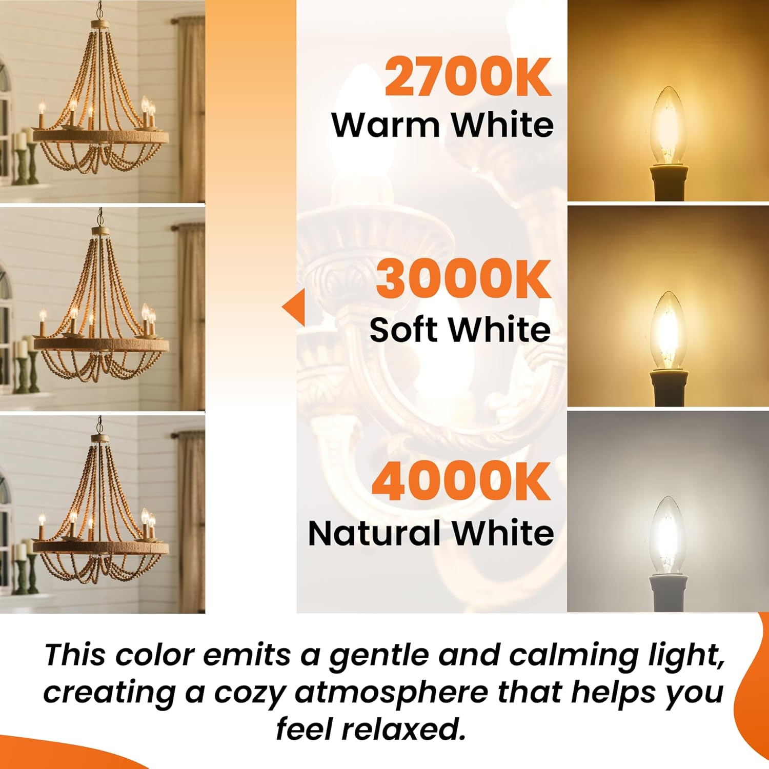 LED 6 Watts (60W Equivalent) 600 Lumens Candelabra Bulb Clear Filament, 2700K, Dimmable, E12 Base, CRI90, CETL Certified (3000k, 6 Pack)