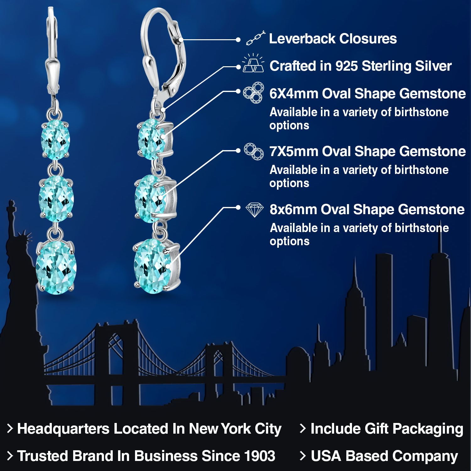Gem Stone King 925 Sterling Silver Blue Apatite 3 Stone Dangle Earrings for Women (5.09 Cttw, Gemstone Birthstone, Oval 8X6MM, 7X5MM and 6X4MM)