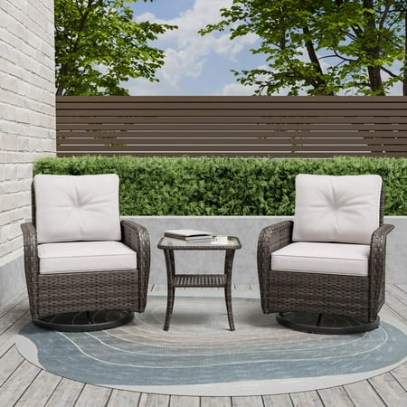 COOS BAY 3 Pieces Wicker Patio Conversation Set 360° Swivel Rocking Chairs with Gray Cushions and Glass Top Side Table for Backyard