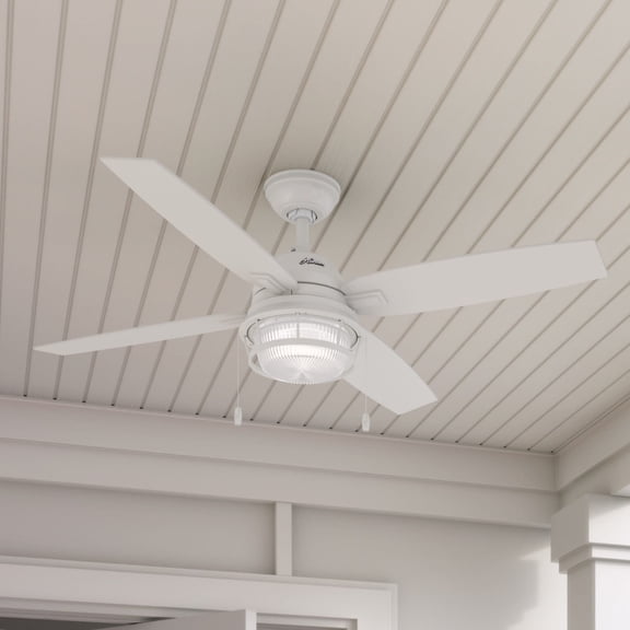 Hunter 52 inch Outdoor or Indoor Ceiling Fan with LED Light and Pull Chain - White Rustic Ceiling Fan, Standard Mount, 4 Blades, For Patio, Porch, Garage, or Living Room - Ocala 59240, Fresh White