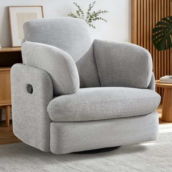 Ebello Swivel Recliner, Manual Rocking Reclining Chair with 2 Bolster Pillows, Hidden Storage for Living Room, Light Grey