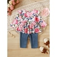 thumbnail image 4 of Mikrdoo 3 Months Baby Girls Fall Winter Outfits 6 Months Baby Girls Pant Sets Floral Print Ruffle Long Sleeve Tops Ripped Jeans Demin Pants 2Pcs Clothing 3-24M Pink, 4 of 8