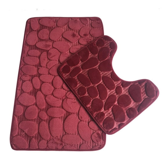2Pcs Non-slip Mat Set Plush Floor Rug Floor Pad Door Carpet Stone Bathroom Toilet Water Absorbent Rug, Dark Red