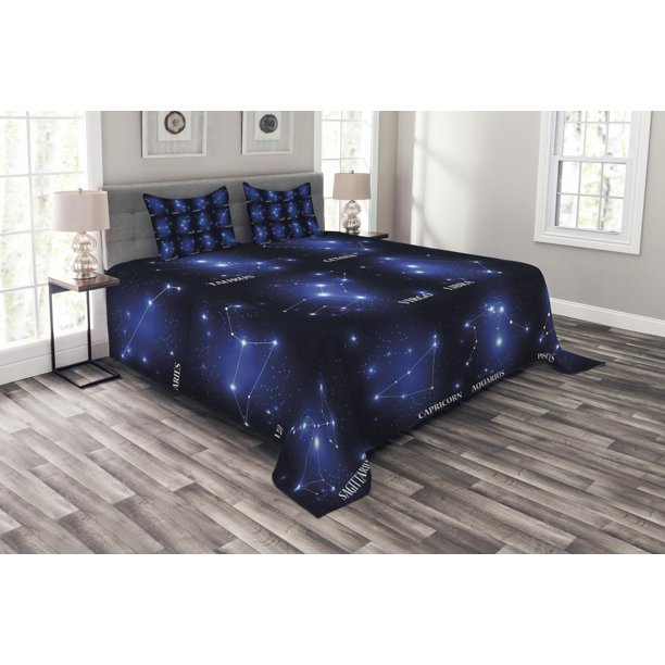Constellation Bedspread Set, Zodiac Sign Set Symbols and Names Group of
