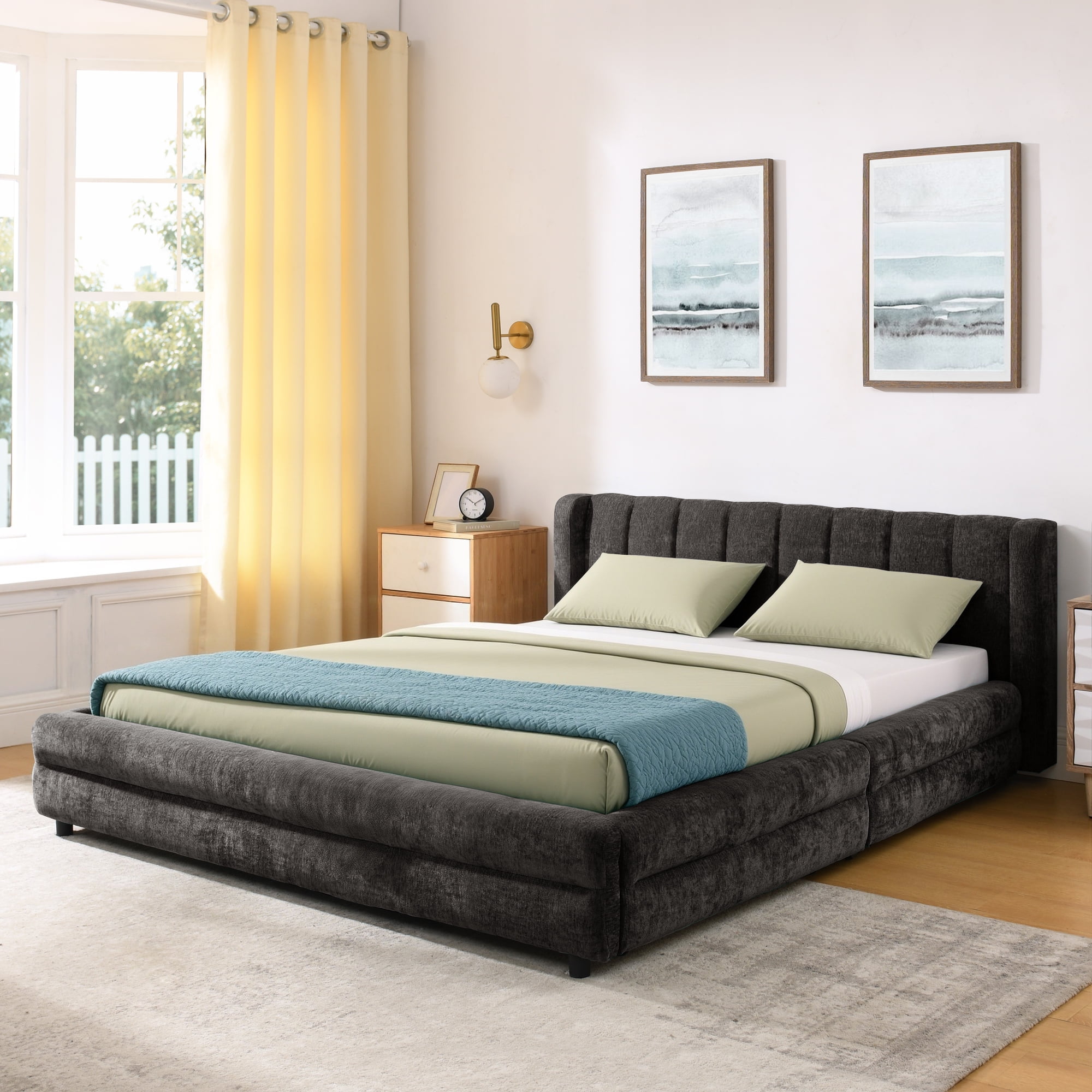 Modern Dark Grey Wood Frame Queen Size Platform Bed, Queen Chenille Upholstered Platform Bed with Headboard & 4 Drawers