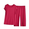 thumbnail image 1 of Annhoo Ensembles Grande Taille pour Femmes Col Rond Manches Courtes Pjs Taille Haute Shorts Larges Décontractés Couleur Unie 2 Pcs, 1 of 8