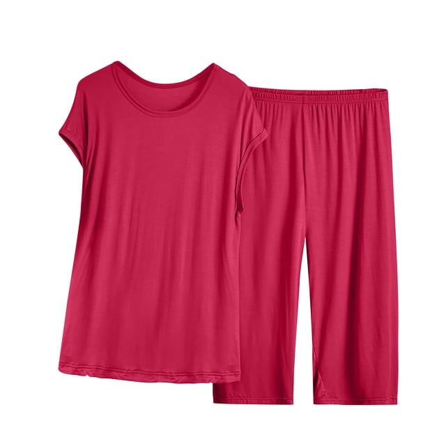 Annhoo Ensembles Grande Taille pour Femmes Col Rond Manches Courtes Pjs Taille Haute Shorts Larges Décontractés Couleur Unie 2 Pcs
