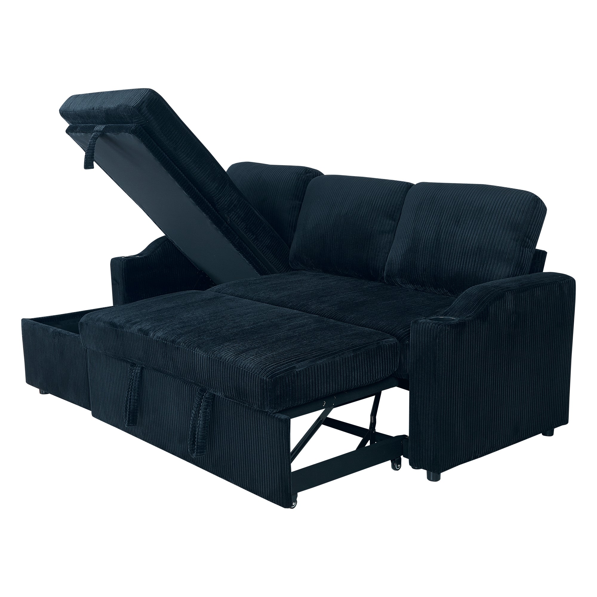 Gewnee Pull Out Sofa Bed,3 In 1 Sleeping and Seating Sofa with Storage Function,with Corduroy Fabric L-shaped Sofa,Suitable for Living Room,Bedroom and Apartment(Black)