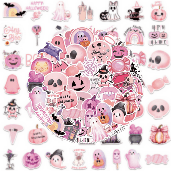 50Pcs Halloween Sticker Pack, Pink Cute Ghost Pumpkin Decals, Waterproof Cartoon Stickers for Laptop Water Bottle Holiday DIY Decor