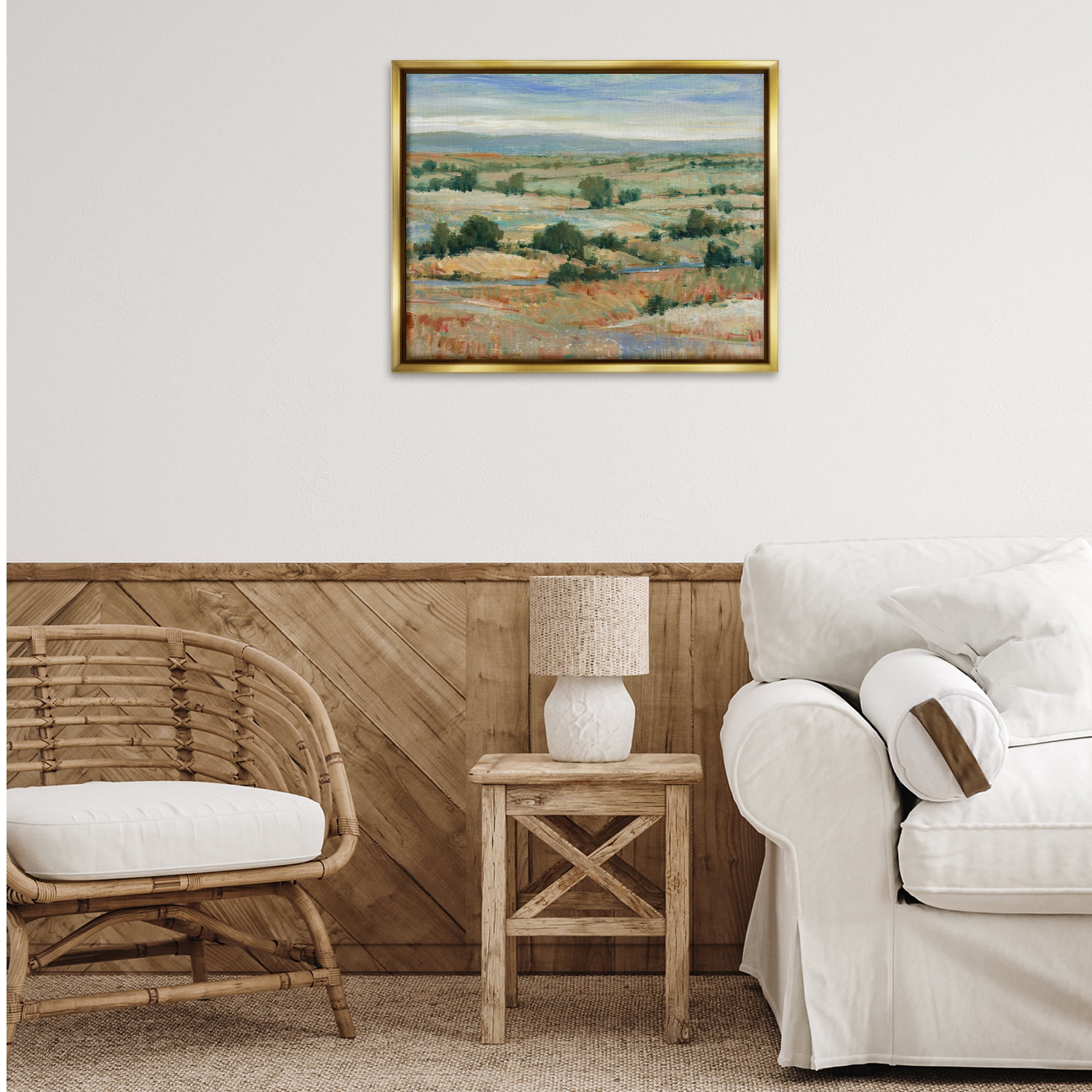 Stupell Industries Distant Farmland View Landscape & Nature Painting Gold Floater Framed Canvas Art Print Wall Art, 31 x 25