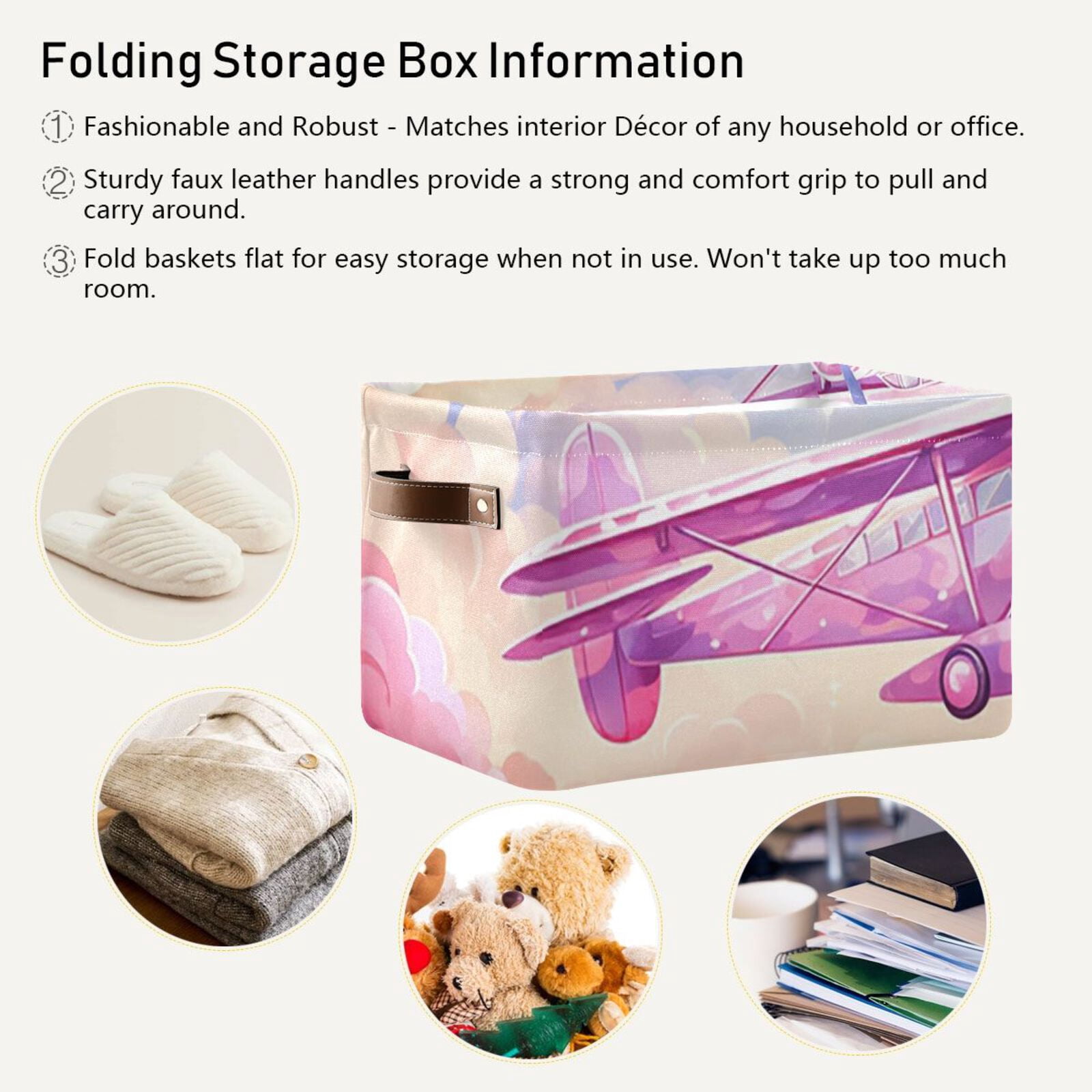 Aircraft Clouds Pink Airplane Storage Bins Baskets With Handles Storage Box Clothes Organizer Organization Toys
