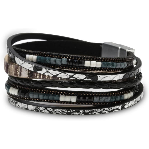DESIGNICE Leather Wrap Bracelets for Women,Boho Leopard Multi-Layer Crystal Beads Cuff Bracelet Jewelry