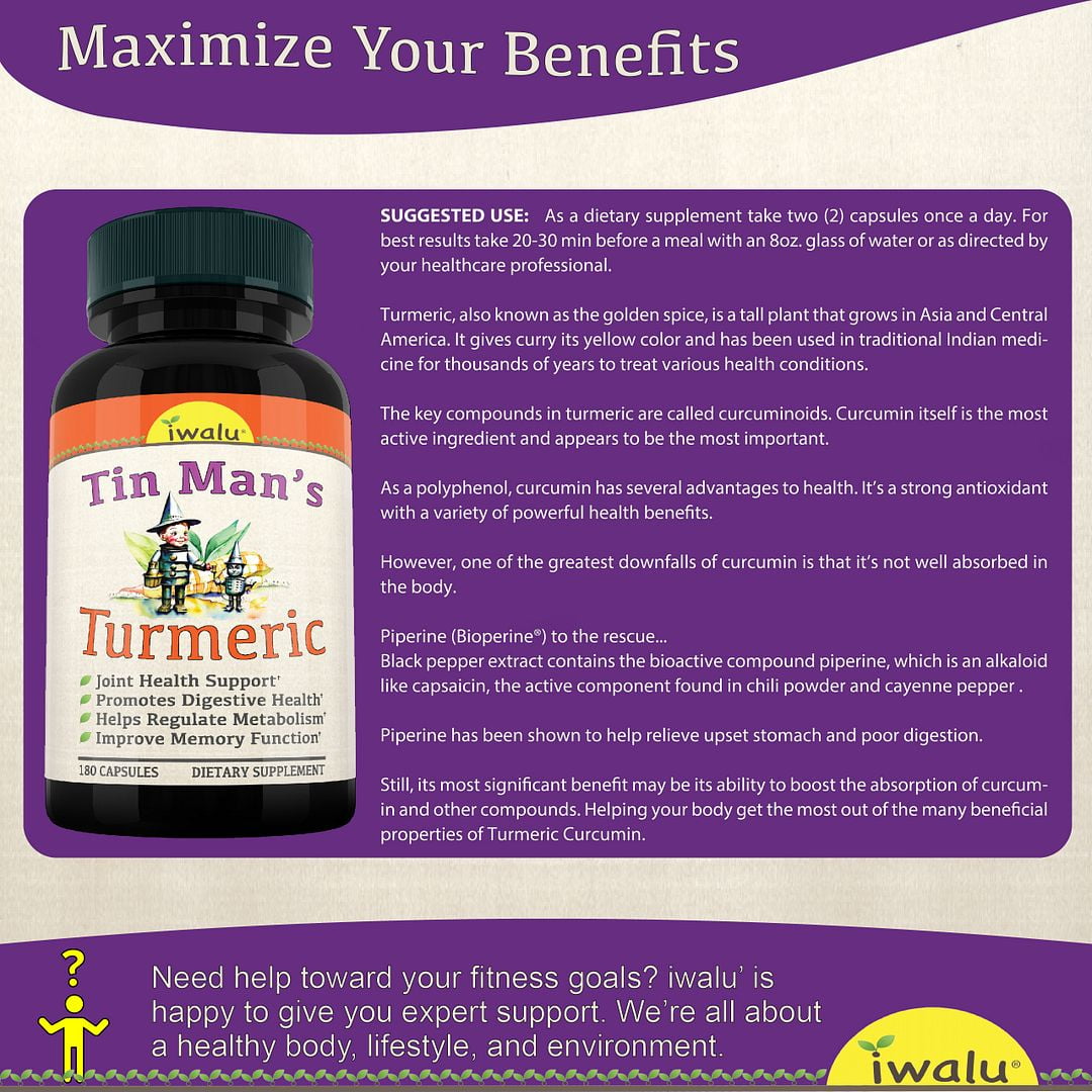 Tin Man's Turmeric | Fast Acting Joint Support Supplement - Glucosamine Chondroitin Supplements MSM Complex - with Boswellia, Quercetin for Joints, Bones, Knees & Mobility - Iwalu USA - 180 Capsules