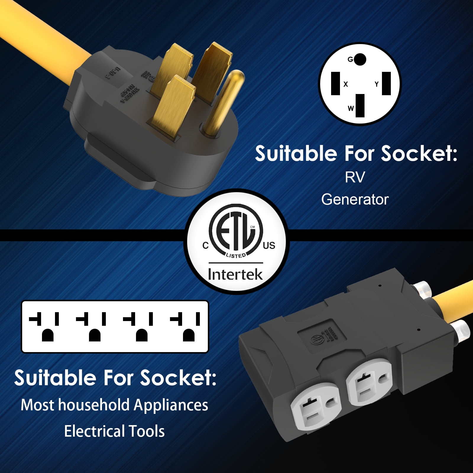 50 Amp to 20 Amp 110 Adapter with Circuit Breaker RV Generator Adapter Cord Distribution NEMA 14-50 Adapter to 4X 5-15R/5-20R T-Blade Multiple Use ETL Listed 1.5 FT Household Outlet