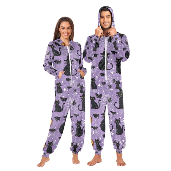 FORMRS Onesies Pajama for Adults Unisex Hoodie Winter Jumpsuit One Piece Sleepwear, Sizes S-2XL, Halloween Cats