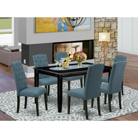 7Pc Vintage Dinette Set - Kitchen Table6 Parsons Chairs - Blue Fabric, Black Finish