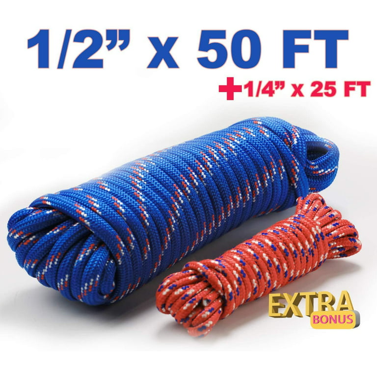 Wellmax Diamond Braid Nylon Rope 1/2in x 50ft with Bonus 1/4in x 25ft Cord UV Resistant High Strength and Weather Resistant