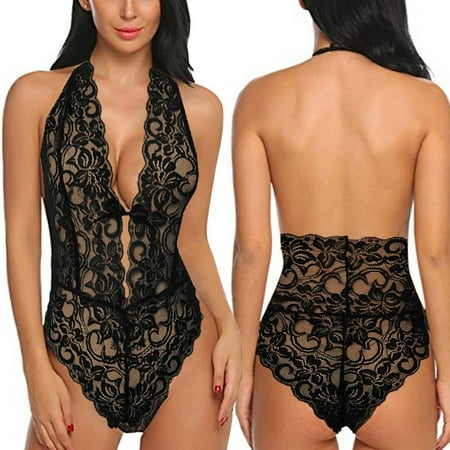 

Valentines Day Gifts! UHUYA Sexy Lingerie For Women Bodysuits Women Sexy Backless Lingerie Lace V Neck Bodysuits Halter Babydoll Black S