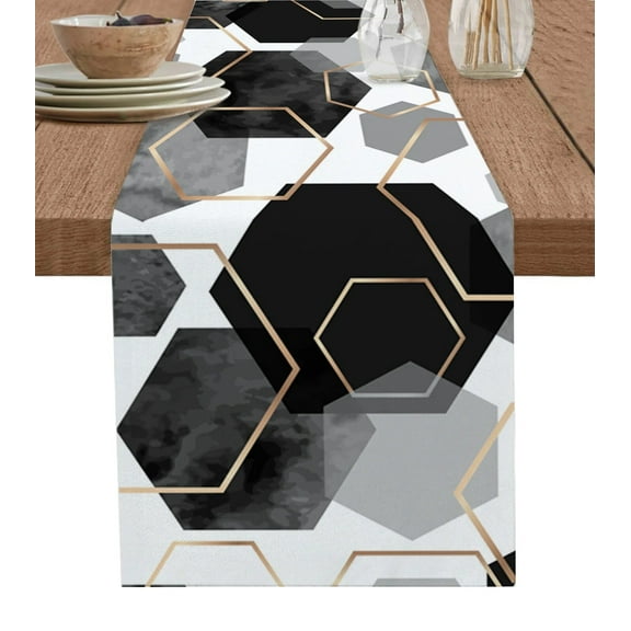 Black Geometric Texture Table Runner Kitchen Xmas Decoration Tablecloth Home Party Table Cover 4/6PCS Placemats