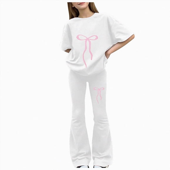 Gubotare Summer Clothes for Girls Tween Girls Clothes 2PCS Sets Crop Tops & Flare Pants with Letter Print Summer Outfits Size 10-11 (White,10-11 Years)