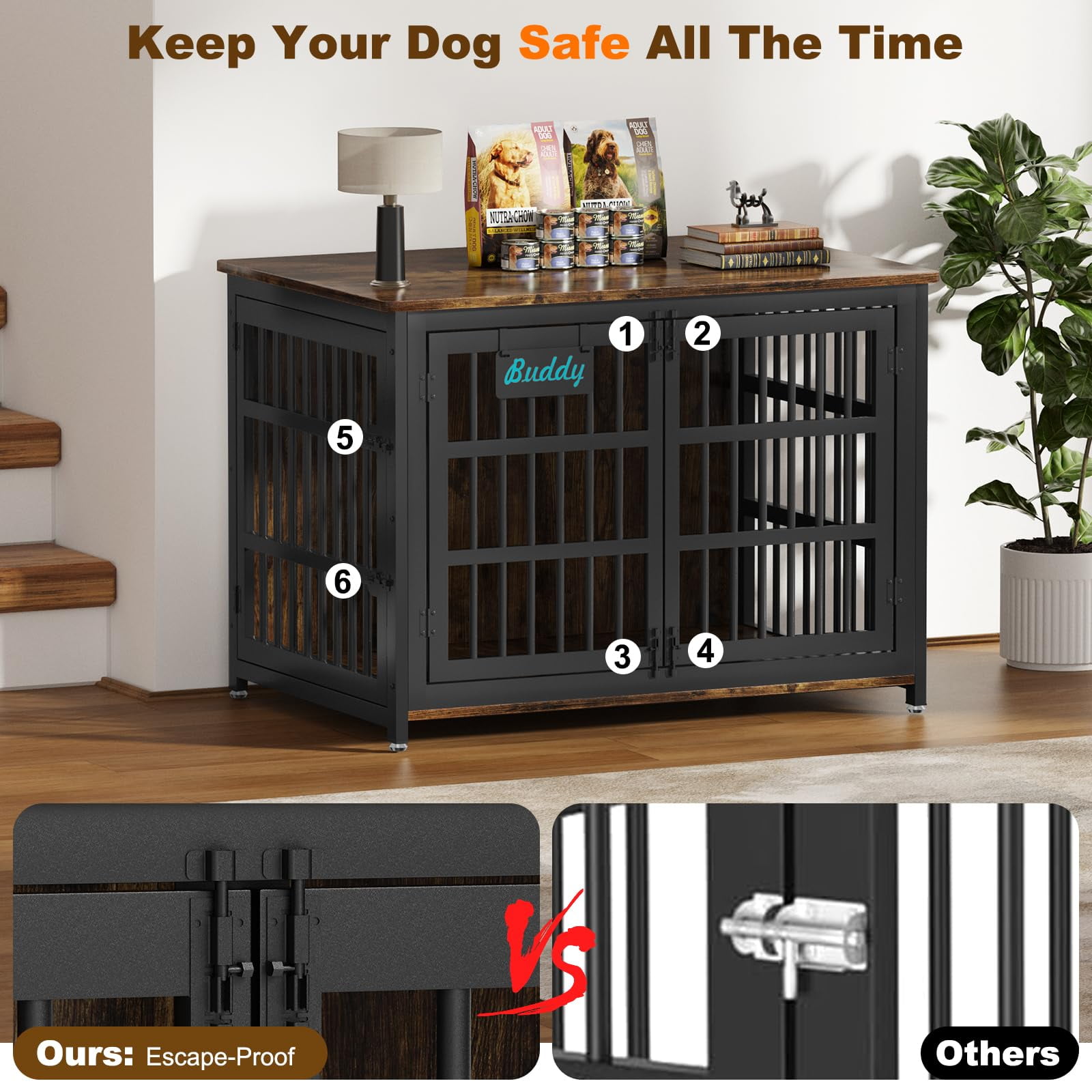 POAO 41"Heavy Duty Dog Crate Furniture with Name Tag,Chew Proof Prevent Escape for High Anxiety Dogs, Indoor Indestructible Dog Kennel ,Brown