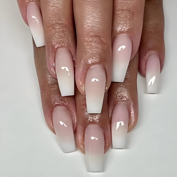 RAGUPEL 24Pcs Long Coffin Acrylic Nail Extensions, French Tips White Ombre Artificial Nails