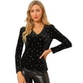 thumbnail image 1 of Blusa De Manga Larga Con Cuello En V De Terciopelo Para Mujer, Blusa Con Estrellas Brillantes Metálicas Doradas Negro XL, 1 of 6