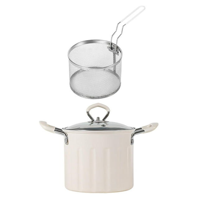 DOLITY Deep Fry Pan with Handle with Strainer Deep Fryers Frying Pot Kitchen Frying Pan White