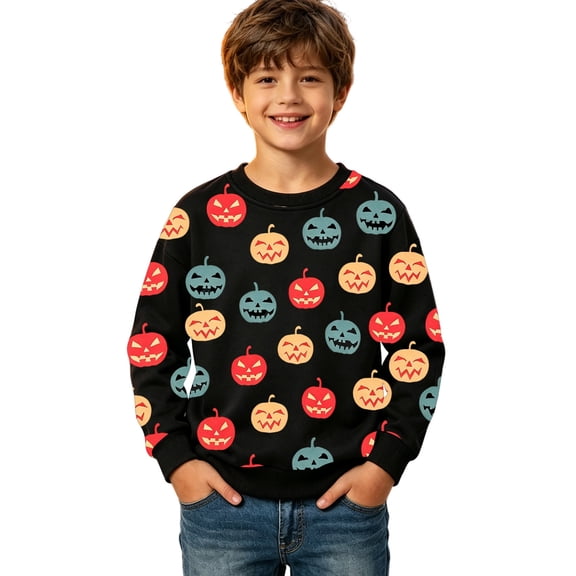 RUTAYY Boys Crewneck Sweatshirt Halloween Pumpkin Graphic Kids Pullover Fall Winter Kids Casual Party Wear, Black
