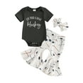 thumbnail image 2 of Qmyliery Baby Girl Summer Outfits Letter Print Short Sleeve Round Neck Romper + Ice Hockey Print Flare Pants + Headband 3 6 12 18 Months, 2 of 9