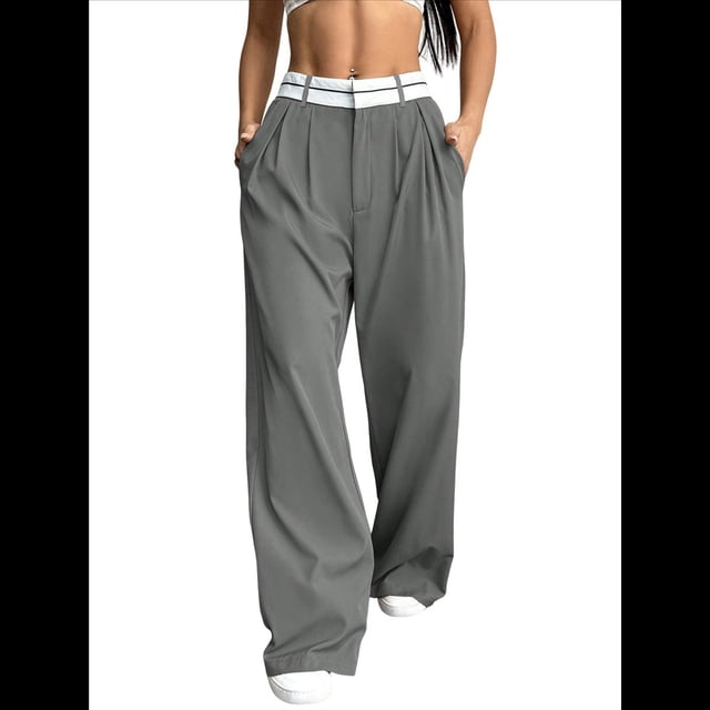 Pantalones Anchos de Cintura Alta para Mujer, para y Otoño. Pantalones Informales de Trabajo y Negocios. Gris XS