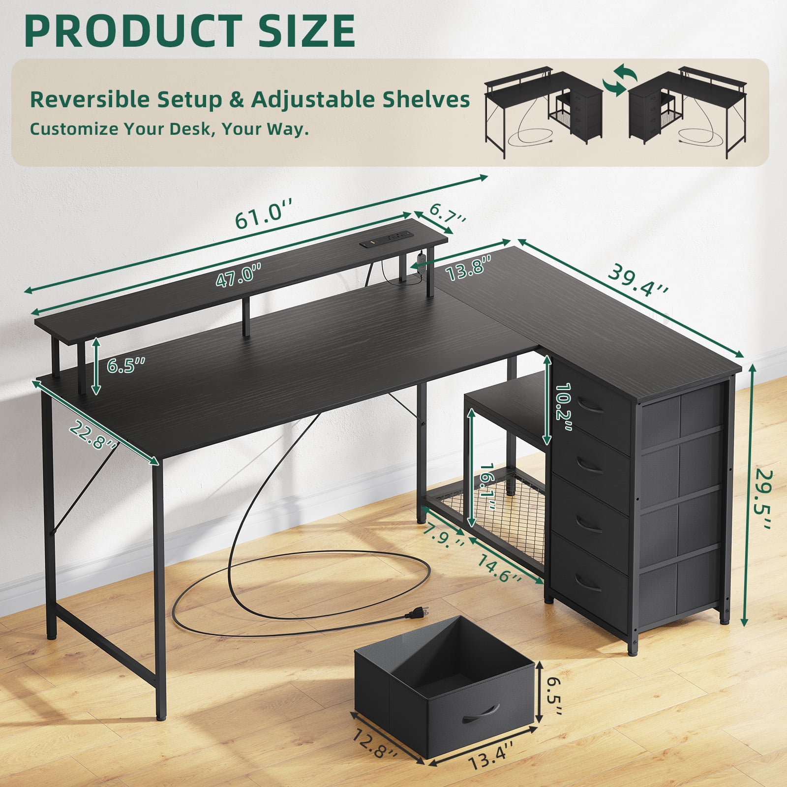 Eunos 61 inch L Shaped Gaming Desk with Power Outlets & LED Light, Computer Desk with 4 Tiers Drawers for Home Office, Black