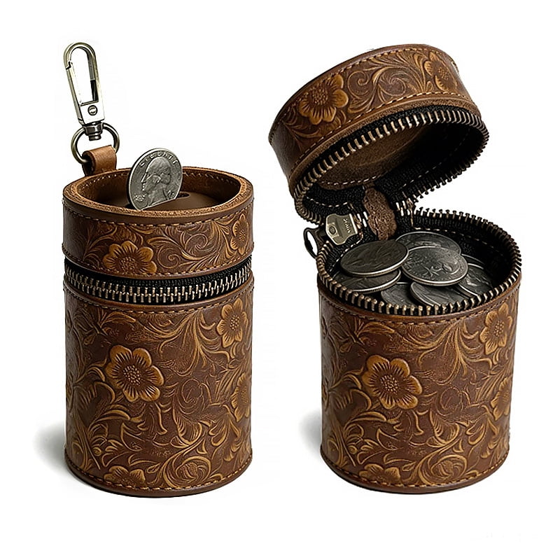 Vintage Coin Purse Leather Zipper Change Pouch Round Storage Bag Brown Retro Coin Holder Portable Wallet for Men Women Travel Coins Keys Small Items Durable Compact Lightweight Gift Handmade Case