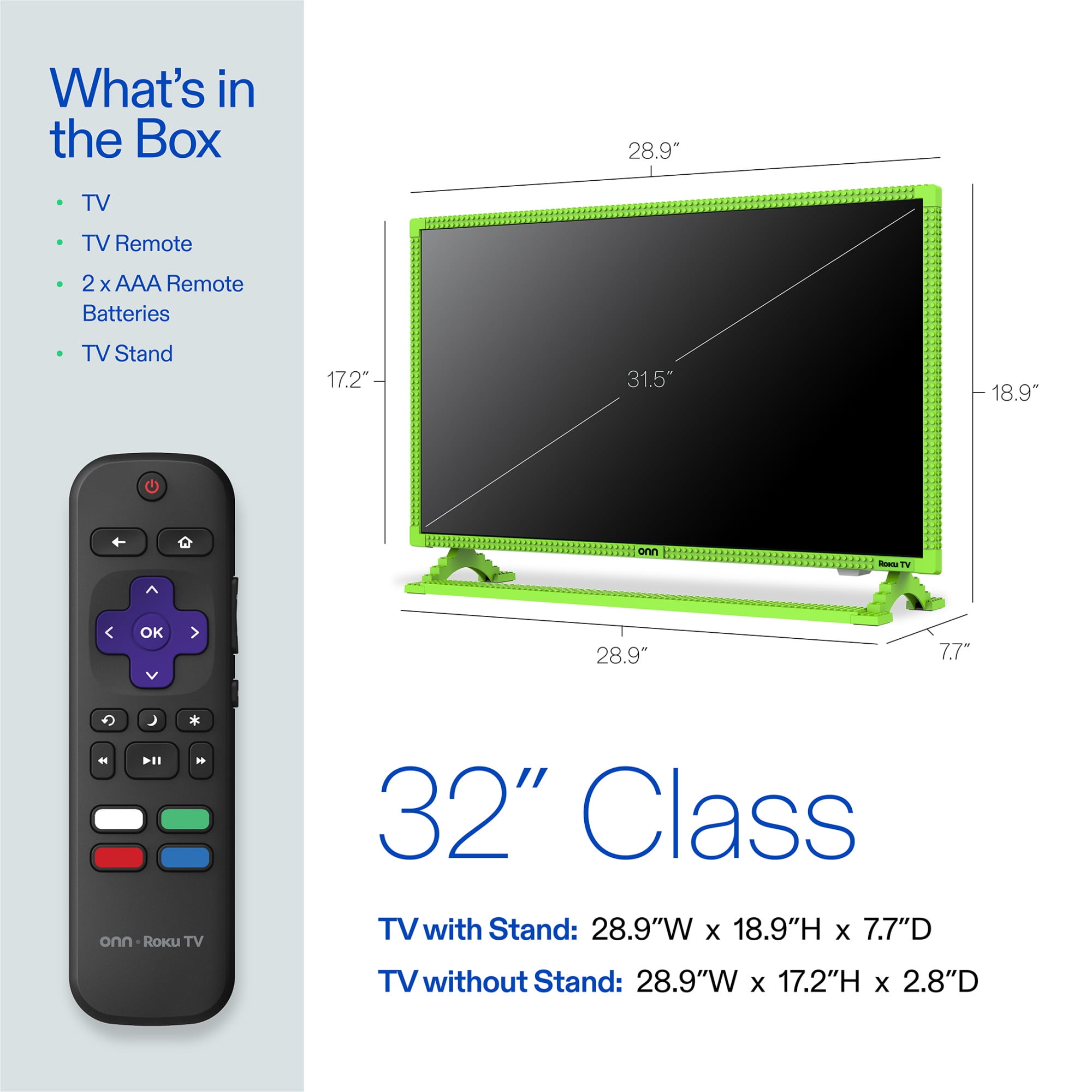 onn 32" 1080P FHD Building Block Smart Roku TV - Green (TVBBGRN36014570)