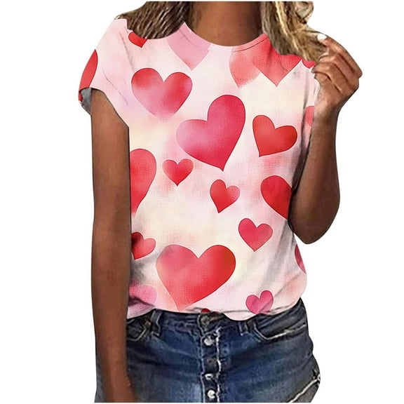 asdoklhq Womens Casual Love Heart Shirts Women Valentine's Day Printed Casual Printed Round Neck Multicolor XL