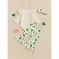 thumbnail image 5 of My First St. Patrick's Day Baby Girl Outfit Green Ruffle Long Sleeve Romper Clover Print Flared Pants Headband 3Pcs Spring Clothes Set, 5 of 8