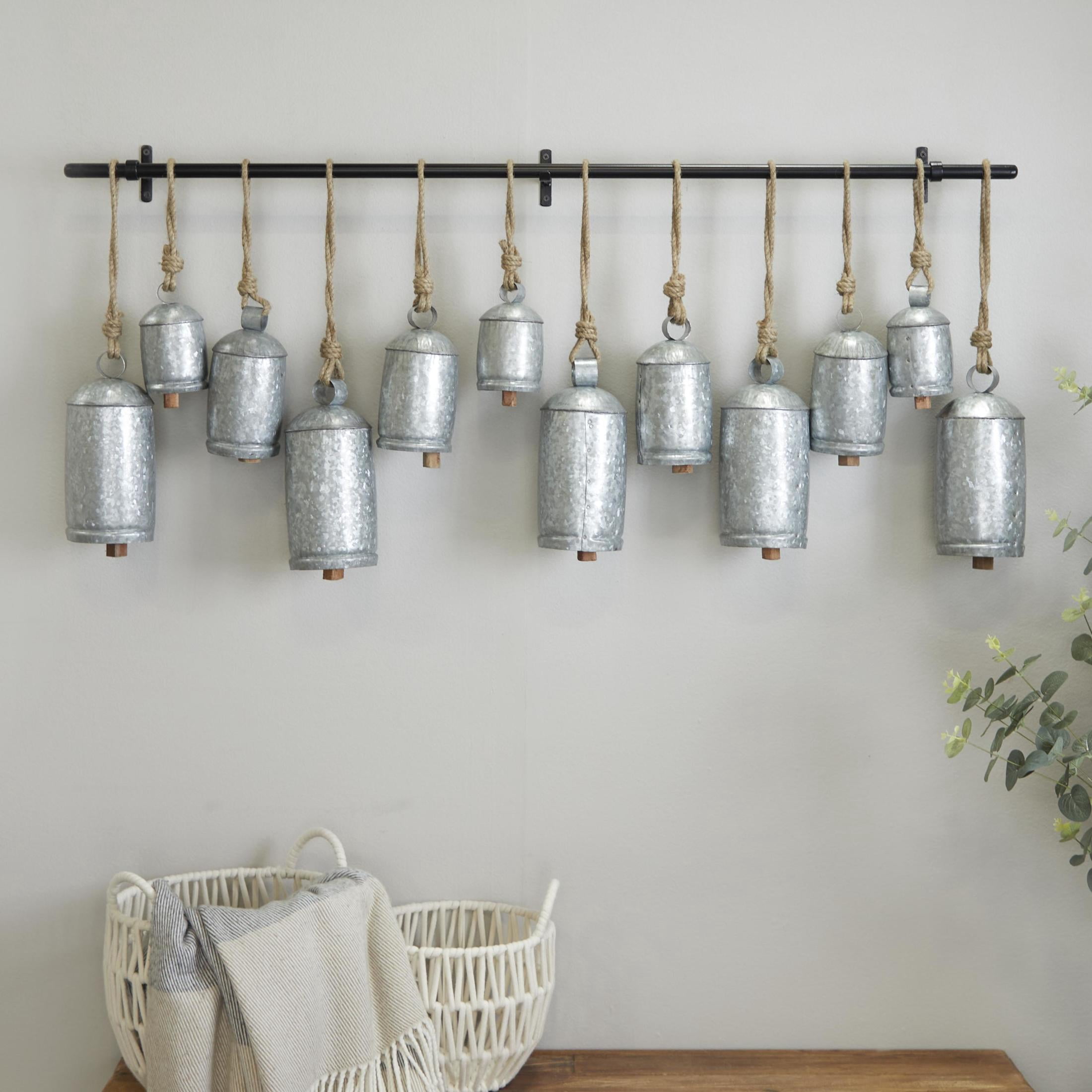 DecMode Tibetan Inspired Silver Metal Cylindrical Decorative Cow Bells with 12 Bells on Jute Hanging Rope and Metal Rod