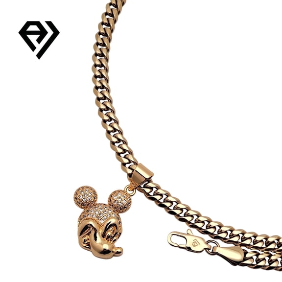 14K Gold Cuban Chain with Mickey Head Pendent, Unisex Christmas Gift for Women, Men, Boyfriend, Girlfriend Mother, Father, Her, Him 6mm Gold Necklace, Waterproof, Long Life by Aria Jeweler
