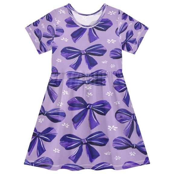 Toddler Girls Short Sleeve Summer Dress, Cute Casual Print Dress for Girls 2-8 Years, Soft Breathable Comfortable Daily Beach Party Dress Violet Bow Charm