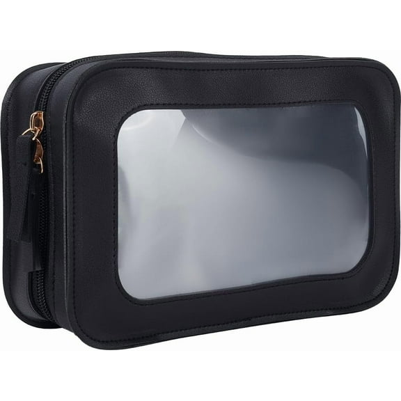 Clear Makeup Bag Organizer with Zipper Large PU Imitation Leather Black Rectangle Cosmetic Pouches Waterproof Clutch Bag with PVC Window for Women Transparent Travel Toiletry Bag 15x23x7cm DIY