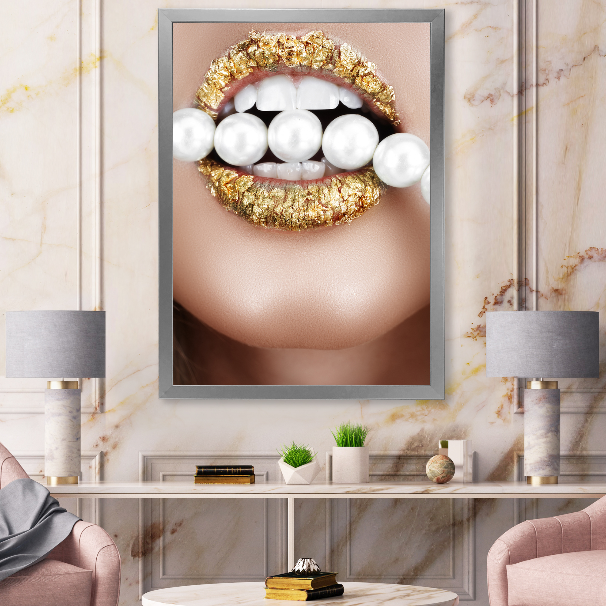 Designart 'Gold Leaf Lips Mouth With Pearls' Modern Framed Art Print